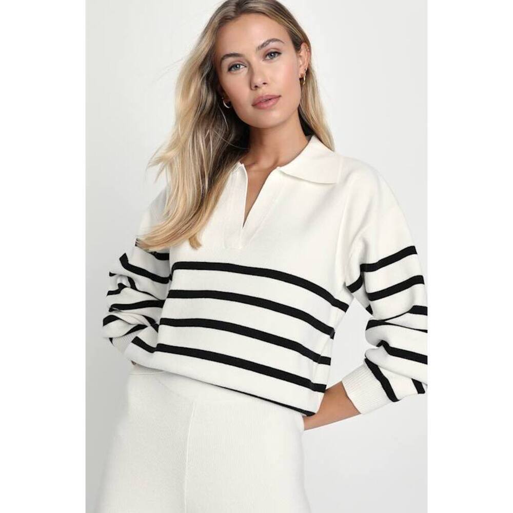 Lulus Comfy Culture Ivory And Black Striped Collared Sweater Top White - Size L